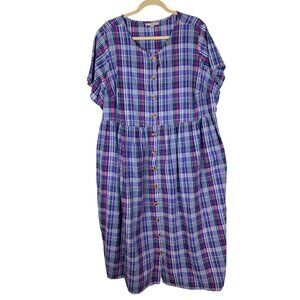 Woman Within 26W Plaid Button-Front Cotton Dress Pockets Cottagecore Prairie Min